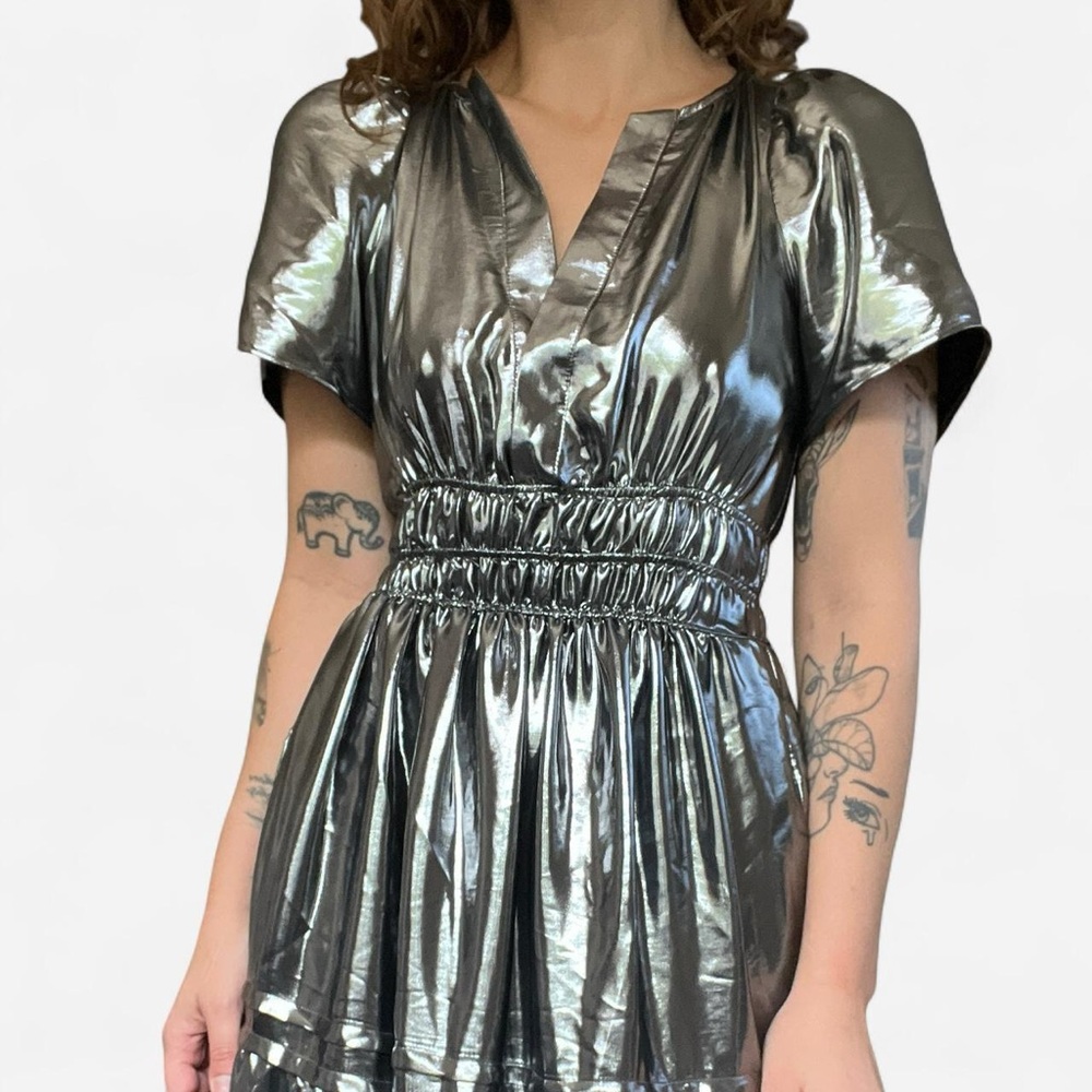 Anthropologie somerset liquid silver metallic maxi dress | gunmetal lamé - xxs